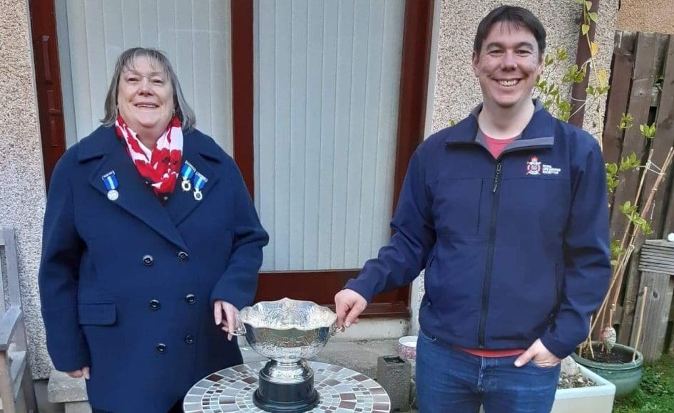 Denise Patterson, RLSS Scottish Northern Branch Chairman presenting the Stanley Peck trophy to Graham Dutton